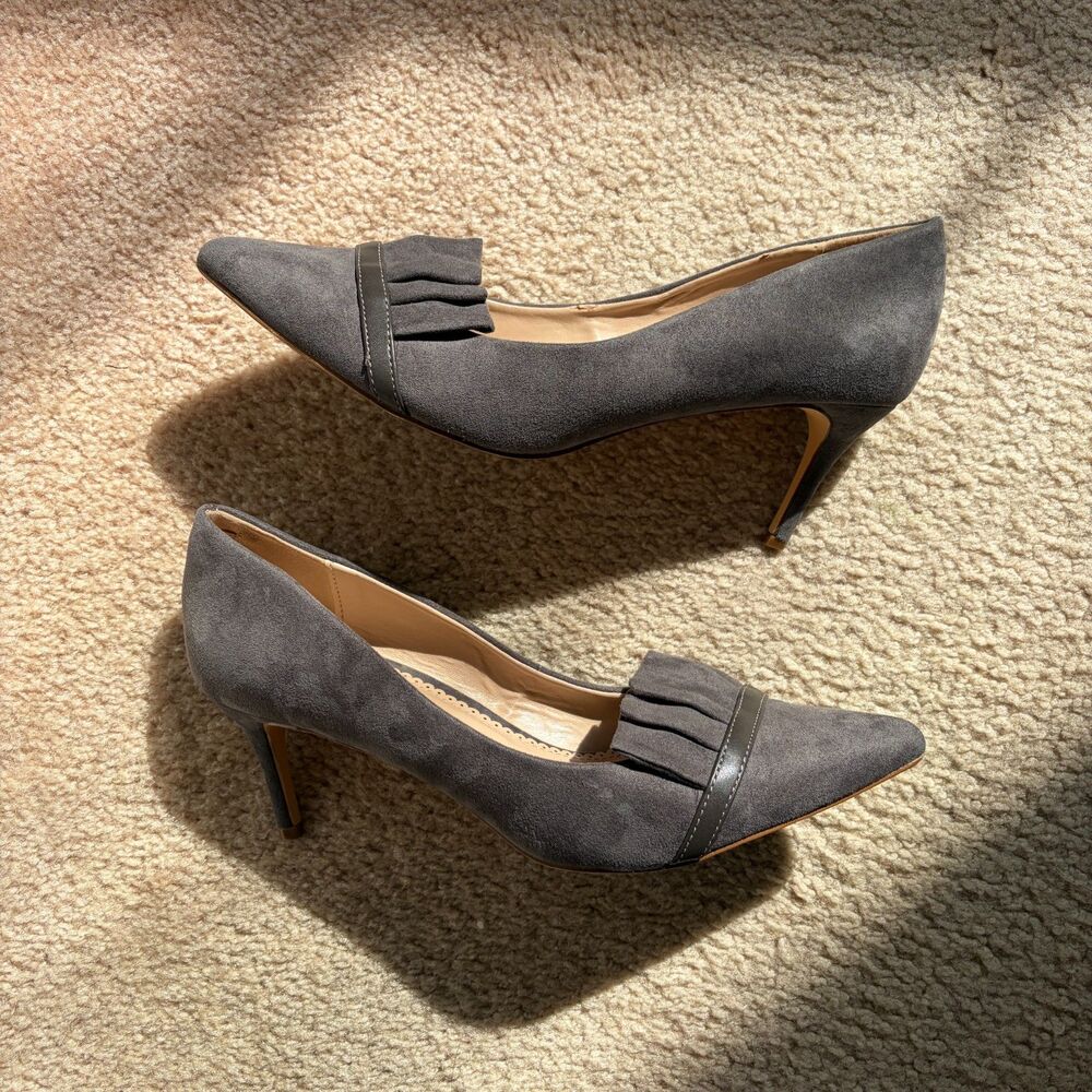 y2k coquette office siren grey suede ruffle pointed toe stiletto pumps